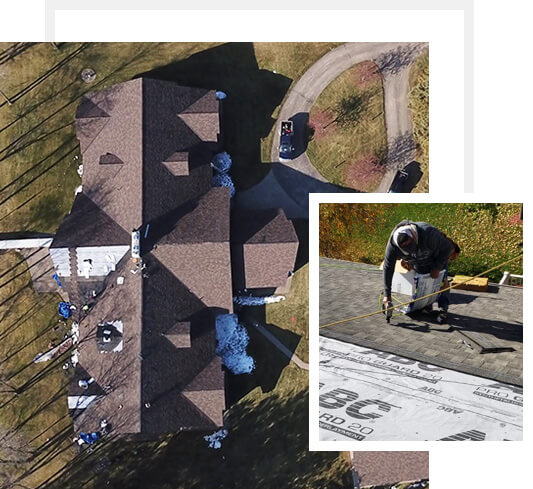 Aerial shot of roof and roof installation by an American Roofing skilled employee
